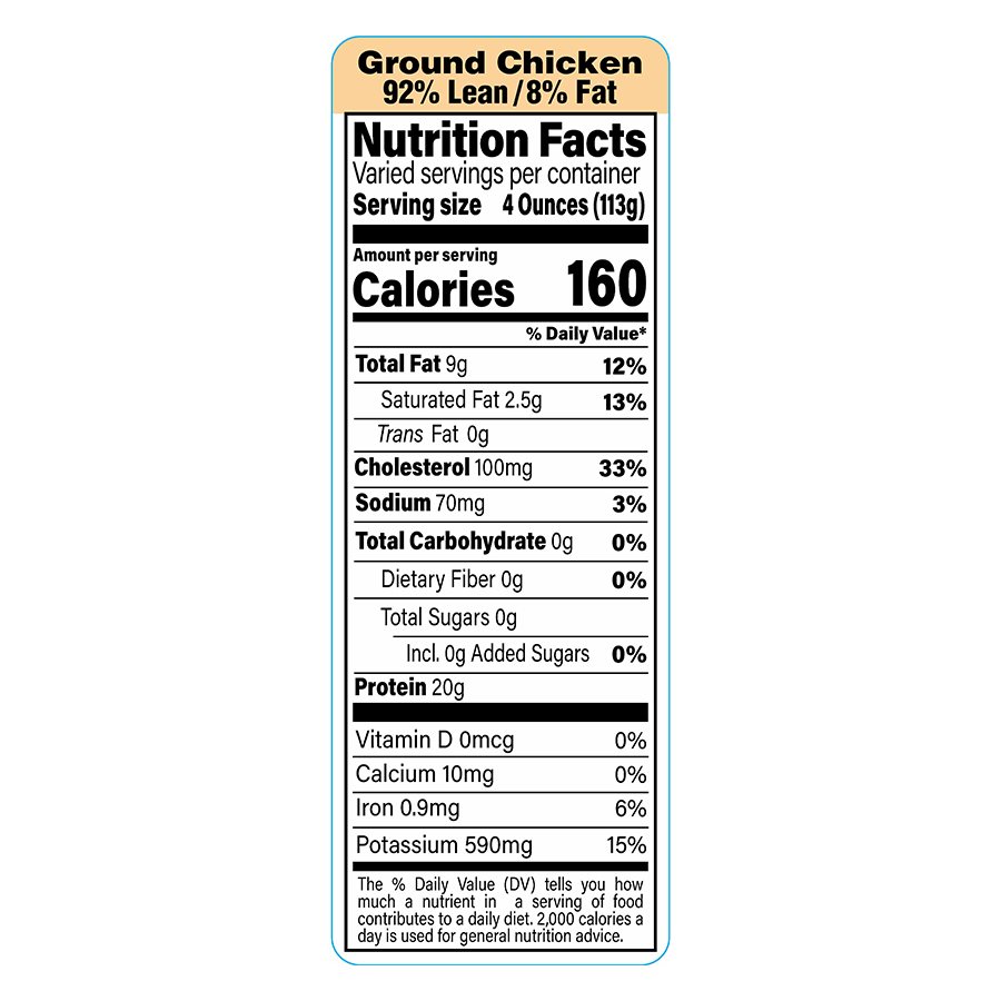 Ground Chicken-92% Lean / 8% Fat Label