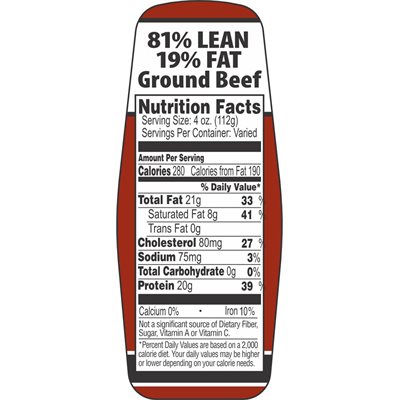 Ground Beef 81% / 19% w / nutritional Fact Label